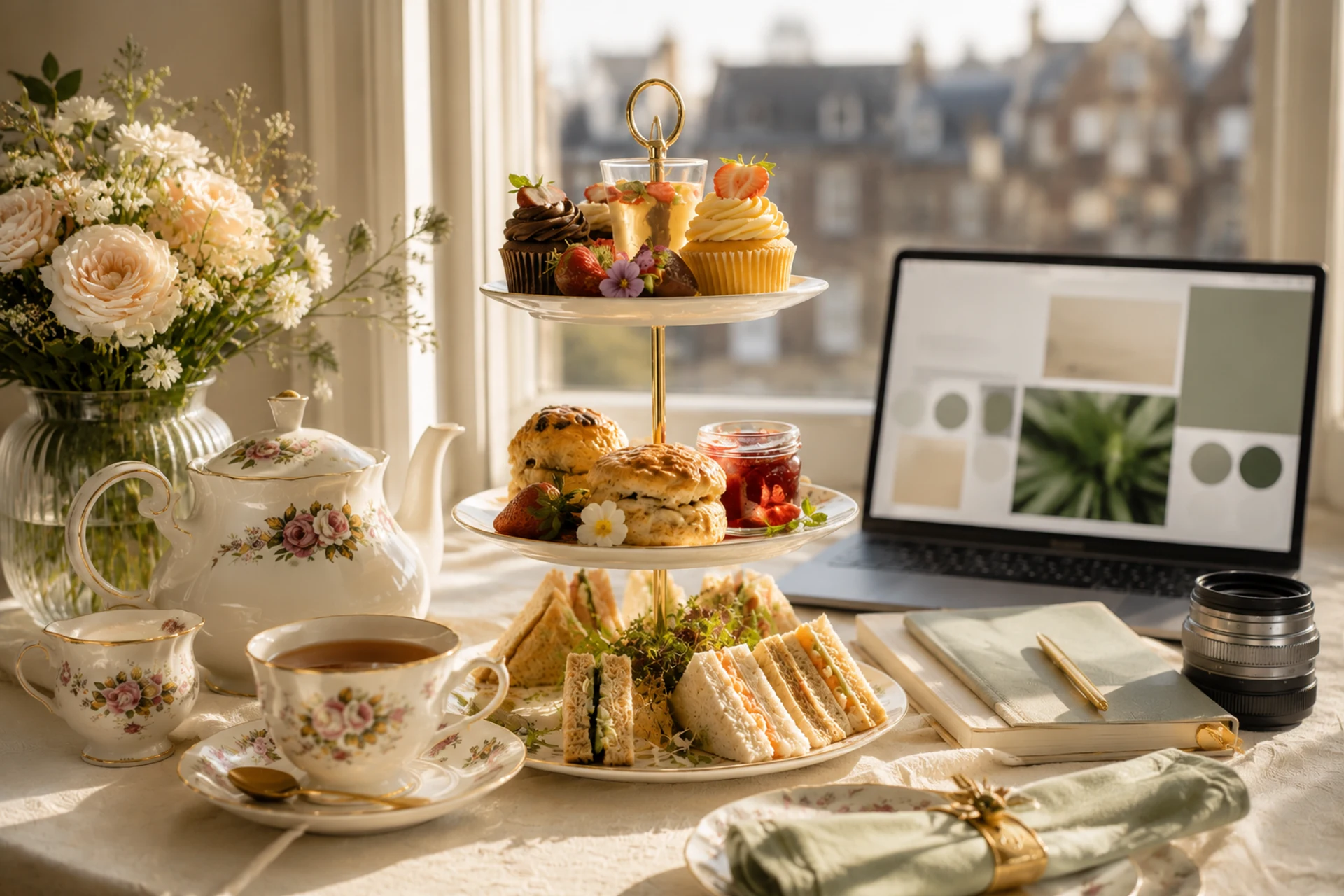 Afternoon tea setting beside a laptop and creative equipment in a warm studio