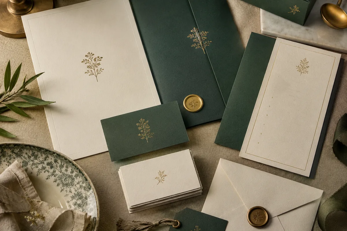 Forest-green and ivory stationery with antique-gold design details