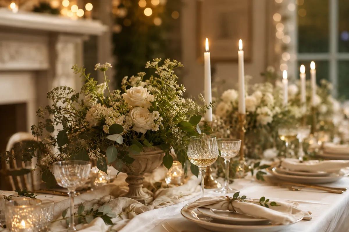 Elegant event table prepared with flowers and candlelight