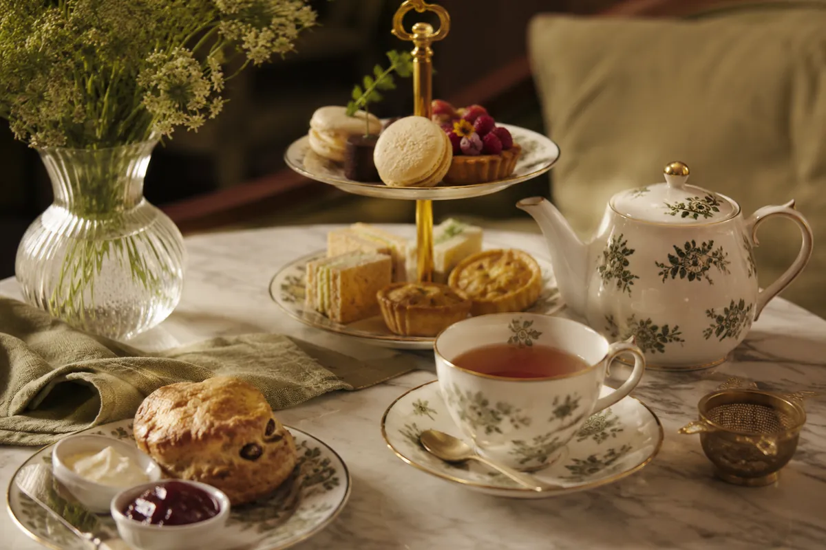 Elegant afternoon tea presentation photographed in warm natural light