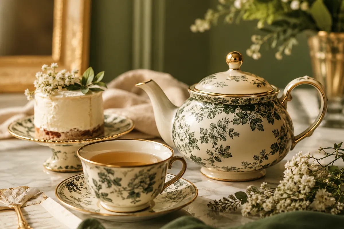 Vintage teapot, teacup and cake arranged for product photography