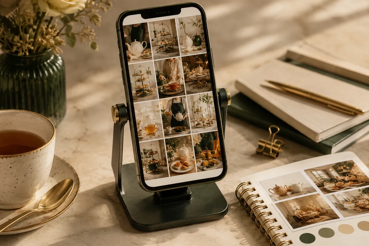 Smartphone displaying a curated hospitality content grid