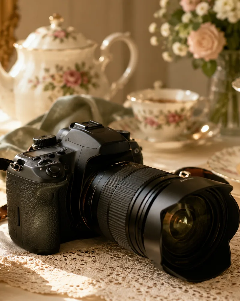 Professional camera prepared for a hospitality photography session
