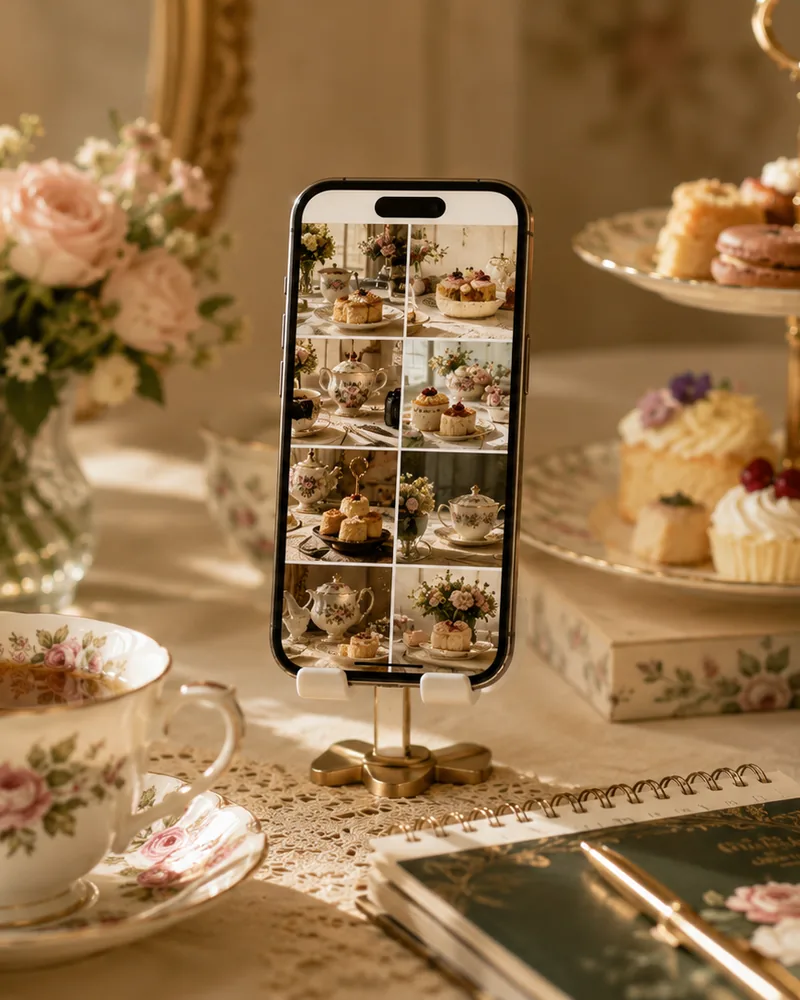 Smartphone displaying a curated hospitality social-media content grid