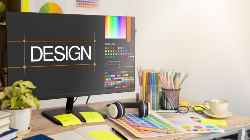 Graphic,Designer's,Workspace,With,A,Computer,And,Creative,Tools,On
